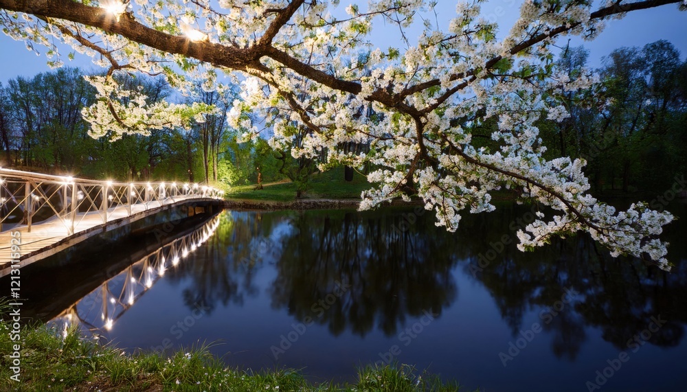 Romantic evening scene by a tranquil pond with illuminated bridge and blooming flowers in a serene park setting Romantic evening scene by a tranquil pond with illuminated bridge and blooming flowers in a serene park setting