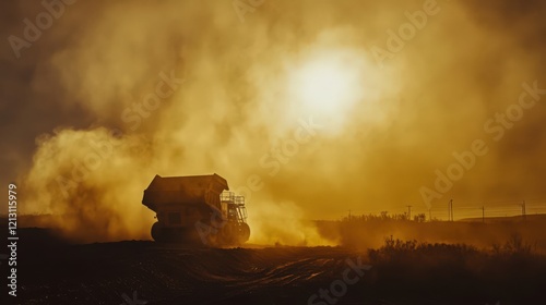 A photograph of a mining truck loading ore, with bright sunlight illuminating the dust clouds  photo