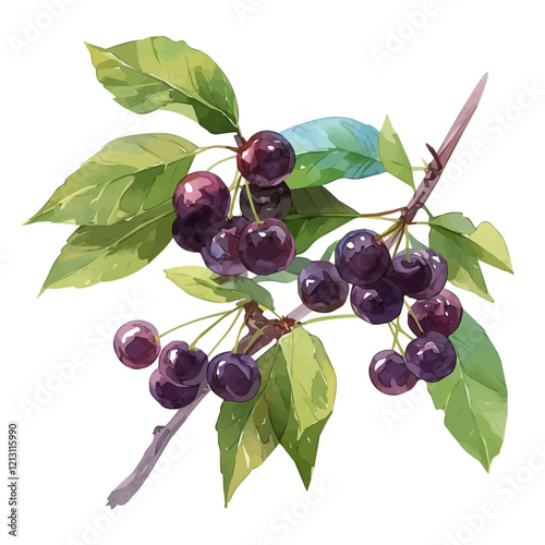Black Cherry Tree with Fruit – Rich Watercolor Botanical Illustration, Fruit-Laden Tree Painting, Nature-Inspired Artwork, Deep and Vibrant Cherry Tree Design.  
