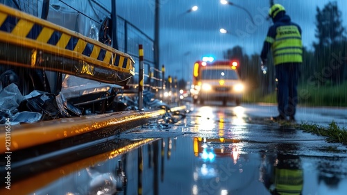 Rainy night accident concept. A nighttime scene showing emergency responders at an accident site, with a reflection on wet pavement and a distant ambulance illuminated by flashing lights. photo