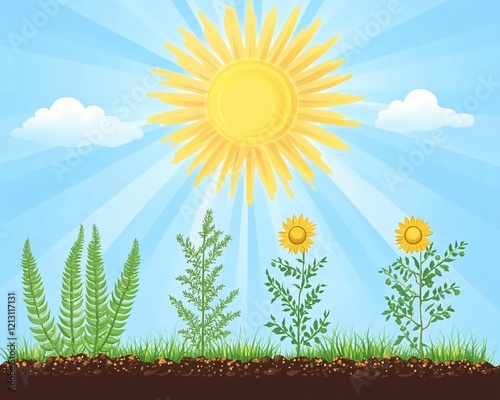 Vibrant Plant Growth Stages Under Sunny Sky Illustration