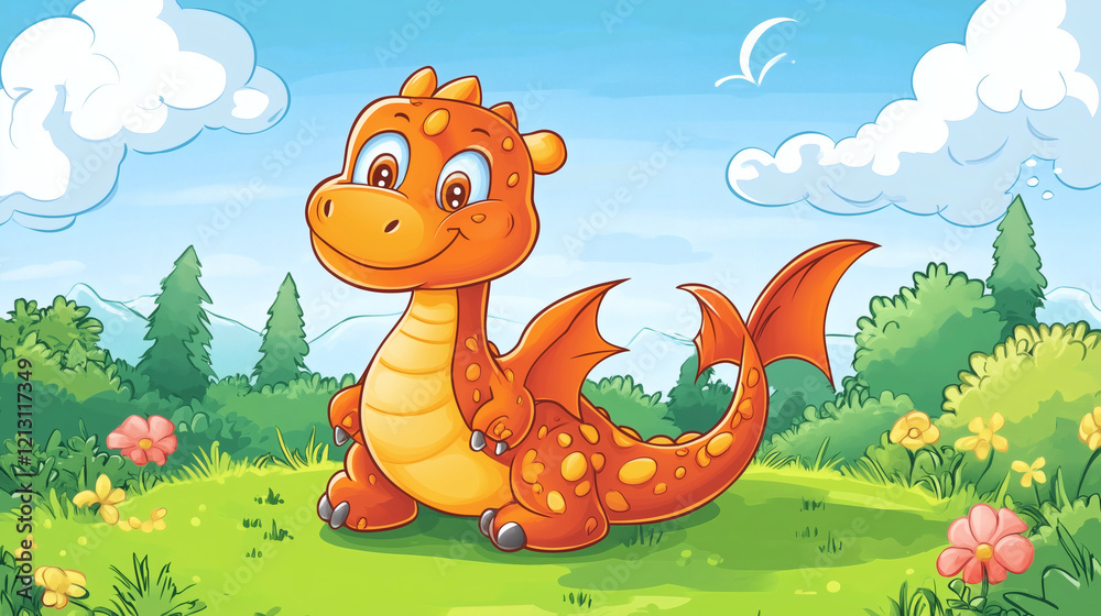 Naklejka premium Dibujo infantil de un dragón en un paisaje soleado y colorido