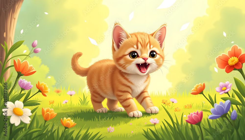 Fototapeta premium Playful orange kitten exploring colorful flower garden