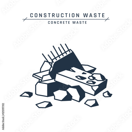 Building waste. Construction rubble. Pile of broken concrete. Industrial demolition debris on a jobsite or landfill. House renovation garbage. Vector flat icon isolated on a white background.