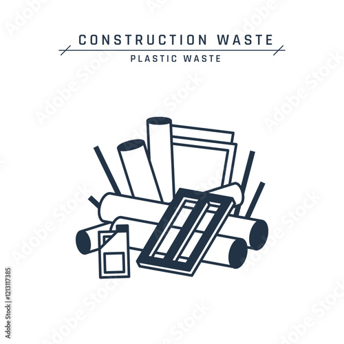Construction waste. Plastic debris. Pile of industrial junk on a landfill or site. Pipes, tubes, PVC window, bottles. Home renovation rubbish. Vector flat icon isolated on a white background.