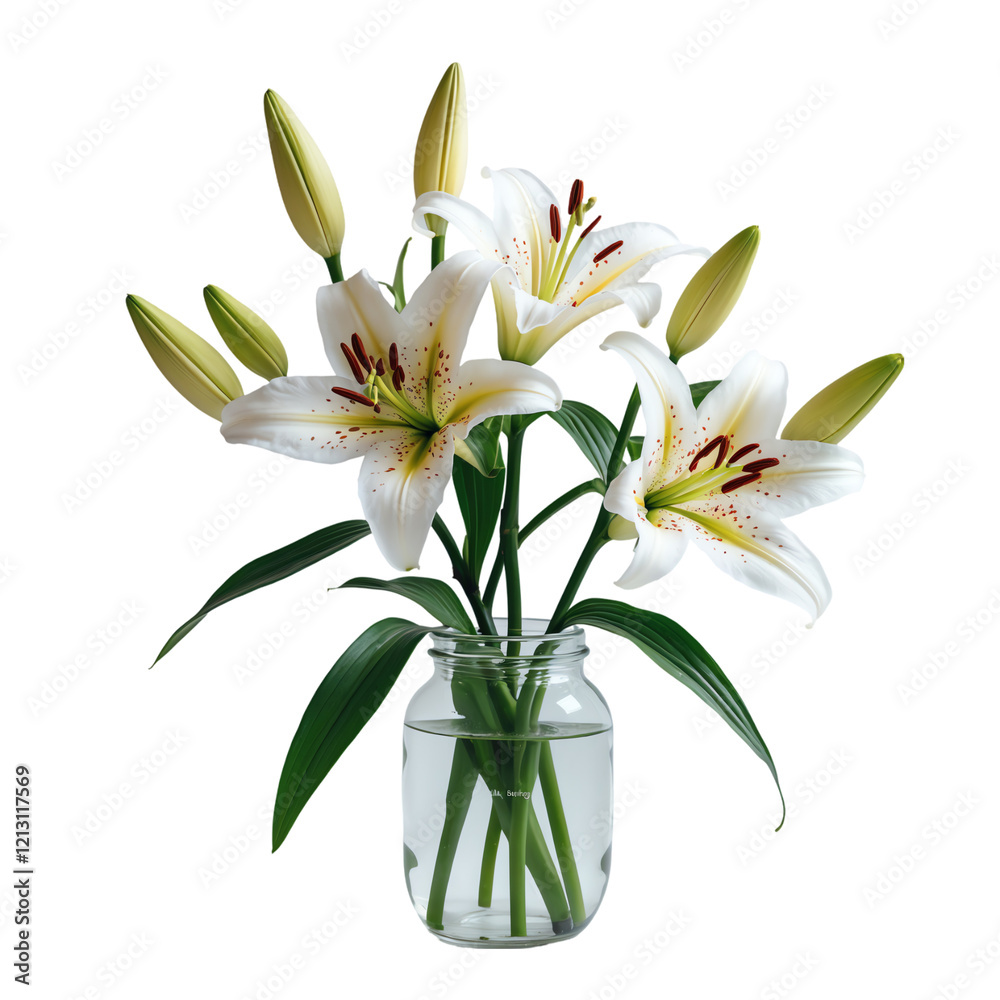 Fototapeta premium Glass Jar with Beautiful White Lily Flowers Isolated on Transparent Background.