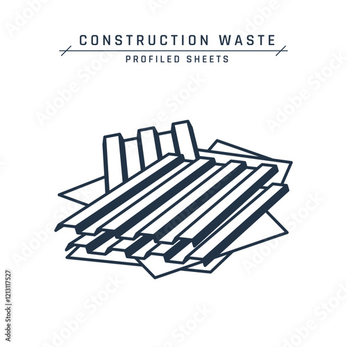 Construction waste. Old roof materials. Hazardous asbestos, corrugated metal, coated roofing sheets. Pile of debris. Demolition garbage on a site. Vector flat icon isolated on a white background.