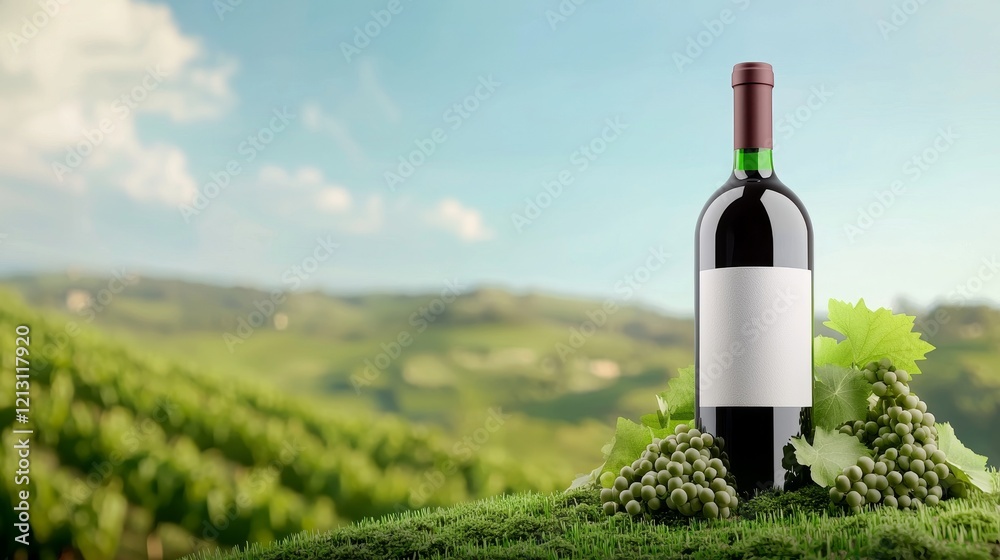 Fototapeta premium An Elegant Wine Bottle is Enchantingly Beautifully Surrounded by a Lush and Picturesque Vineyard Scenery