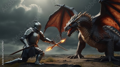 knight fighting with dragon, dragon versus man, 3D render photo