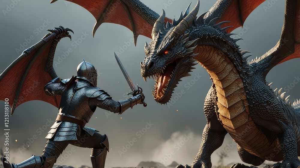 Fototapeta premium knight fighting with dragon, dragon versus man, 3D render