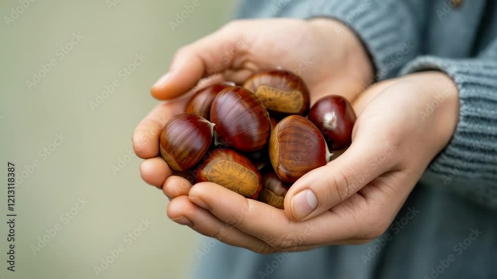 Gathering fresh chestnuts during autumn in a scenic location with gentle sunlight Gathering fresh chestnuts during autumn in a scenic location with gentle sunlight
