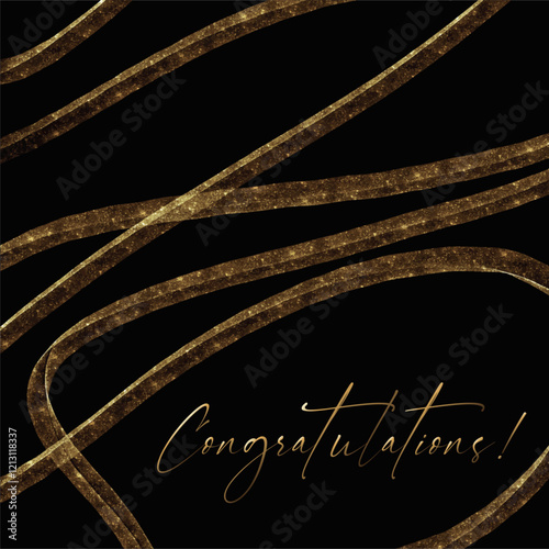 Elegant greeting card design on a black background. Designed with curved golden lines with a textured glitter effect. Perfect for holiday invitations, greetings, cards and special occasion designs