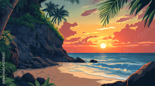 A tropical beach scene with rocky cliffs in the foreground and a sunset over the ocean in the background. Sunset Cliffs. Illustration