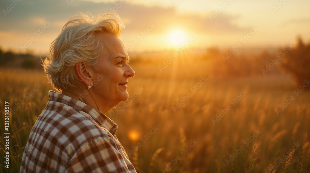 Tranquil Elderly Woman Enjoying the Peace of Golden Hour Tranquil Elderly Woman Enjoying the Peace of Golden Hour