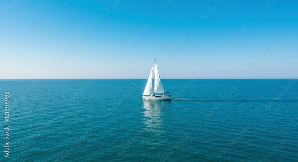 Obraz premium A picturesque view of a single boat navigating through shimmering blue waters under a tranquil blue sky. 