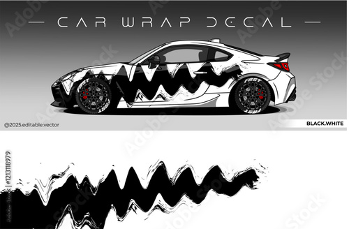 Car wrap design vector with black and white colour. Livery abstract decal template. Editable vector suitable for racing, rally or daily use