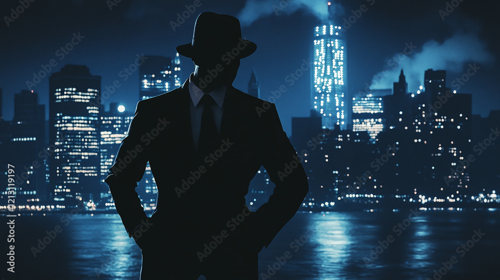 A mysterious spy in a hat and suit silhouetted against a city skyline at night, evoking intrigue and suspense in a classic espionage atmosphere. A mysterious spy in a hat and suit silhouetted against a city skyline at night, evoking intrigue and suspense in a classic espionage atmosphere.