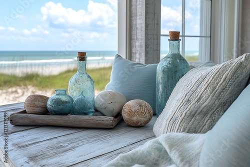 Wallpaper Mural Coastal Decor With Glass Bottles And Beachy Pillows Torontodigital.ca