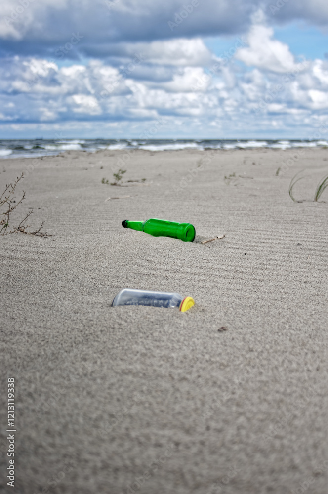 Wild sea lanscape polluted by a plastic garbage. Photoproject against pollution Wild sea lanscape polluted by a plastic garbage. Photoproject against pollution