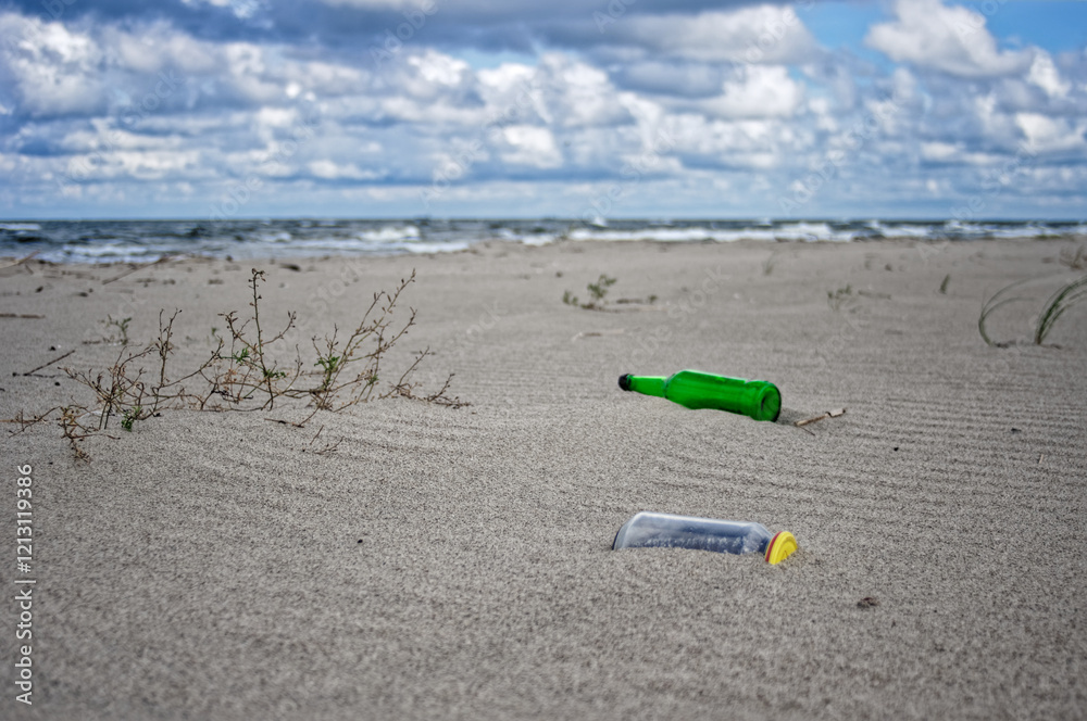Wild sea lanscape polluted by a plastic garbage. Photoproject against pollution Wild sea lanscape polluted by a plastic garbage. Photoproject against pollution