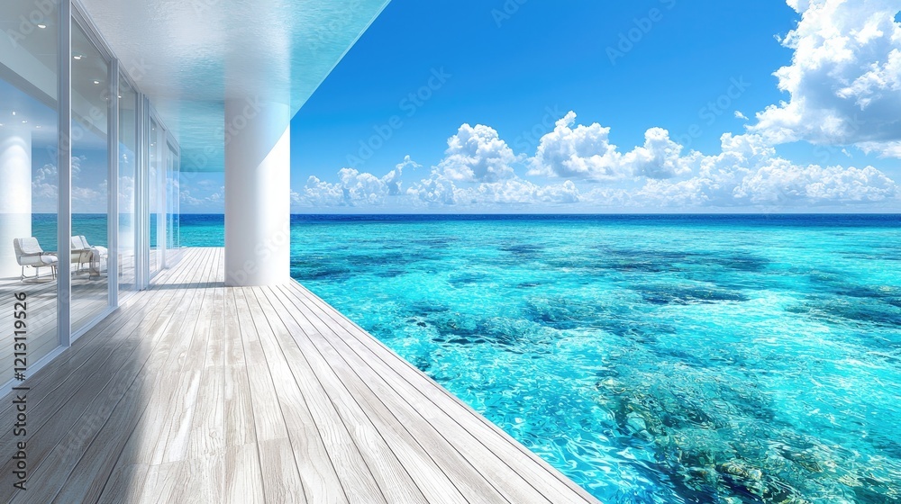 Fototapeta premium Modern luxury villa terrace overlooking a crystal clear turquoise ocean under a bright blue sky.
