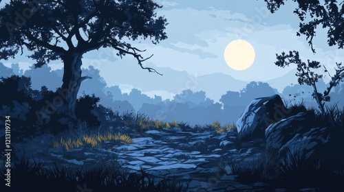 Serene Moonlight Path Through a Tranquil Forest Landscape