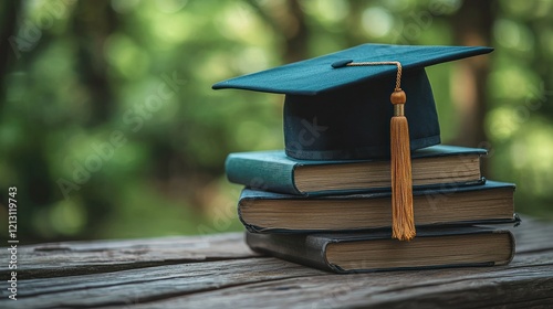 Graduation cap on books outdoors, nature background, education photo