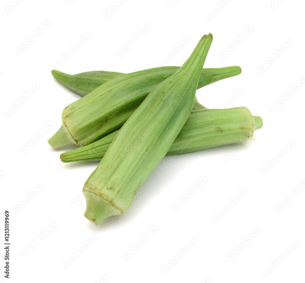 Fresh raw okra isolated on white background, horizontal with copy space Fresh raw okra isolated on white background, horizontal with copy space