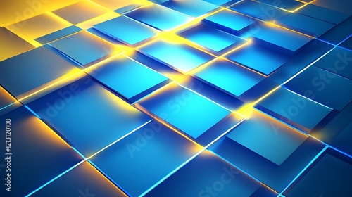 A futuristic abstract design with intersecting blue and yellow light rays  creating a glowing lattice-like structure on a gradient background
