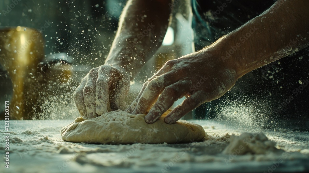 Fototapeta premium Flour dust fills the air as strong hands work the dough on a wooden table. This intimate moment captures the artistry of baking in a cozy kitchen setting, filled with warmth