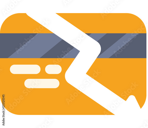 Yellow credit card is intersected by a large white arrow pointing down sharply, indicating economic troubles