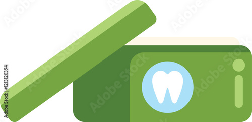 Green dental floss box being opened with a white tooth symbol on a blue circle