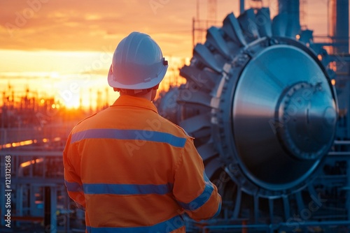 Workers in safety gear admire the sunset at an industrial facility with turbines