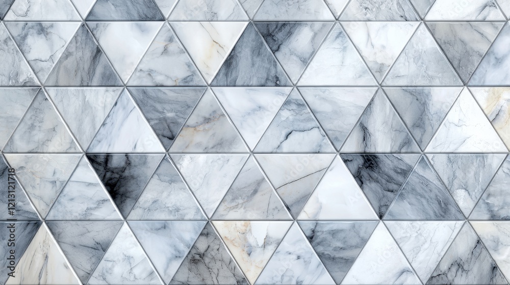 A beautiful collection of triangular marble tiles showcases a blend of gray and white tones. The geometric arrangement creates a stunning visual impact in any interior space