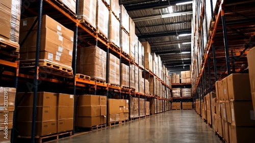 Modern warehouse interior with stacked cardboard boxes. Large industrial storage facility with high shelves and organized inventory. Logistics center for distribution and supply chain management.