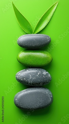 Stacked Stones with Green Leaves on Vibrant Green Surface