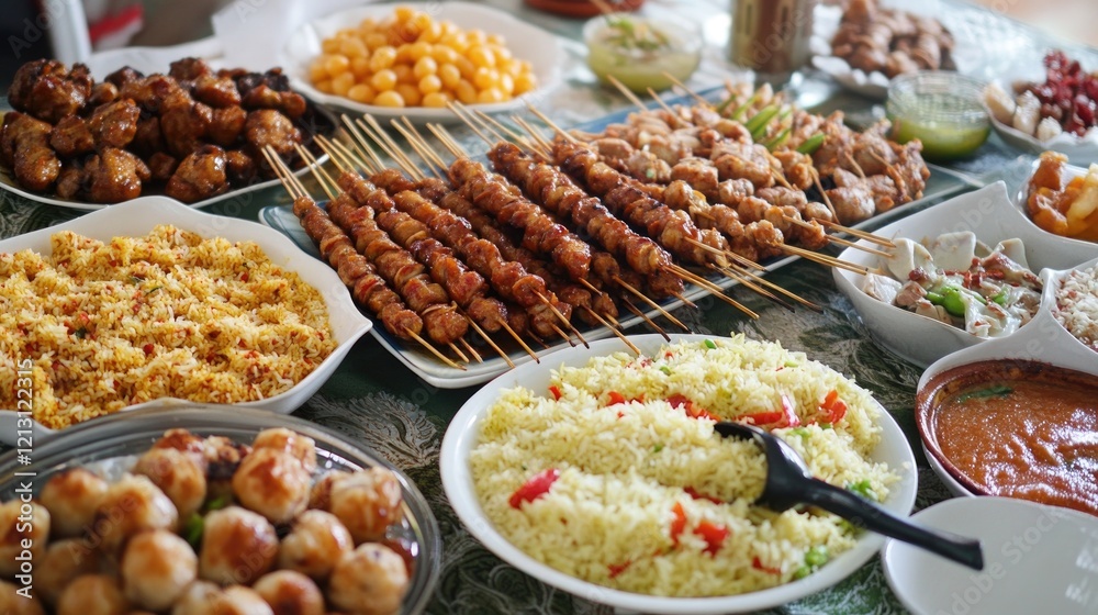 Assorted dishes and skewers on a table, ready for a family dinner or gathering Assorted dishes and skewers on a table, ready for a family dinner or gathering