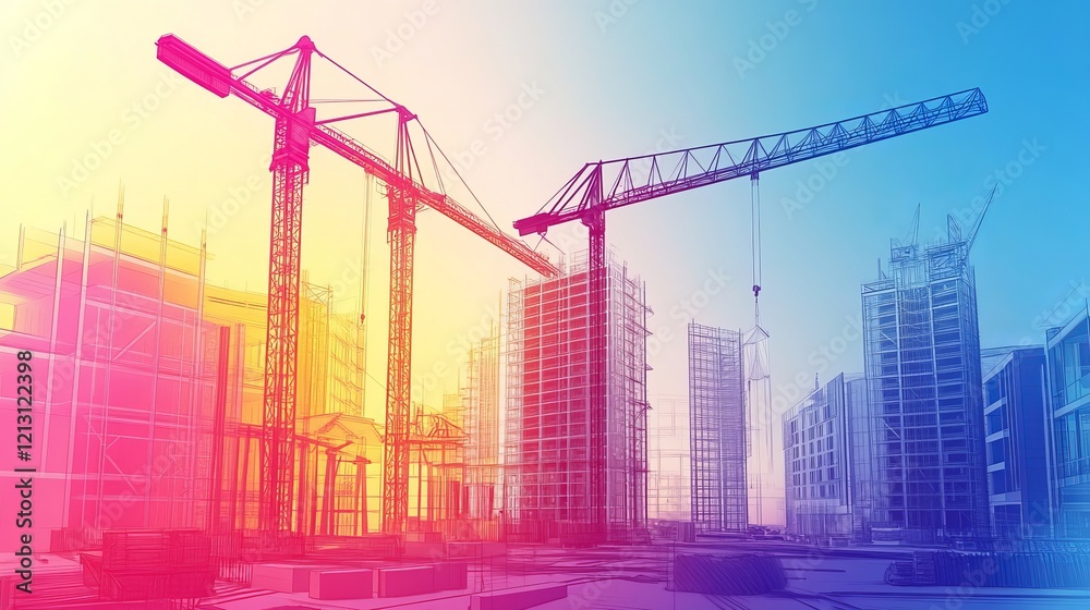 An architectural sketch illustrating building construction plans and facades, accompanied by construction machinery, as a vector representation An architectural sketch illustrating building construction plans and facades, accompanied by construction machinery, as a vector representation