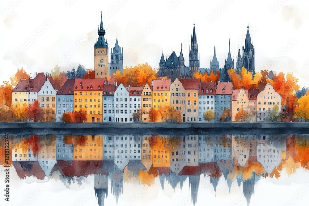 Fototapeta premium historical landmarks of regensburg illustrated in warm tones capturing the essence of the citys rich history and architectural beauty under soft evening light