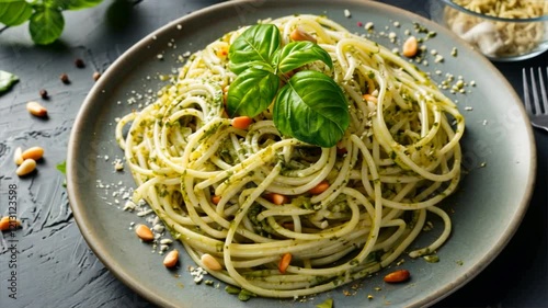 Gourmet Italian dish Delicious spaghetti with pesto sauce, fresh basil, and pine nuts, perfect meal for pasta lovers seeking flavorful food.