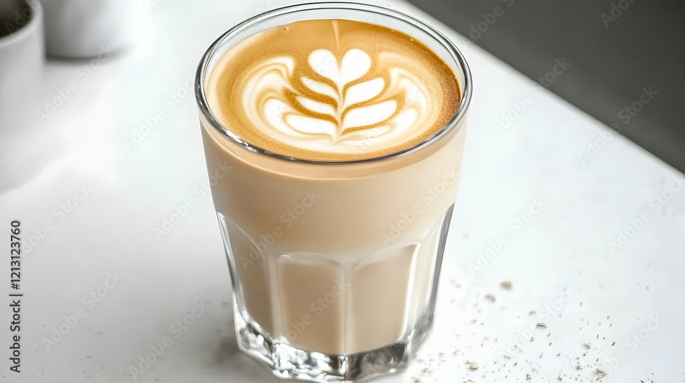 A glass of creamy vanilla latte with intricate latte art, placed on a clean white surface with a minimalist setup A glass of creamy vanilla latte with intricate latte art, placed on a clean white surface with a minimalist setup