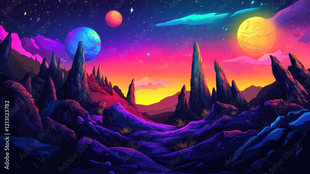 Fototapeta premium Vibrant Alien Landscape With Three Planets And Starry Sky