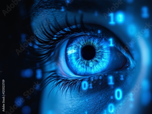 Close-up of a blue digital eye with binary code reflections, symbolizing technology and vision.