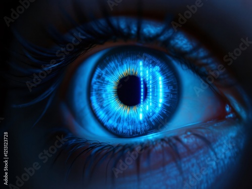 Eye, blue, digital, technology, data, binary, code, glowing, light, dark, close-up, iris, pupil, lashes, reflection, futuristic, sci-fi, cyber, computer, digital age, innovation, vision, sight, inform
