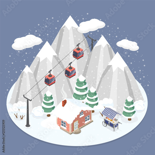 3D Isometric Flat Vector Illustration of Winter Mountain Resort, Landscape With Chalets And Funicular