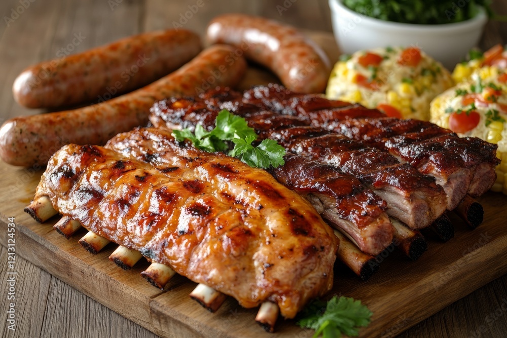 Juicy barbecue ribs, flavorful chicken, and grilled sausages are arranged on a wooden platter. Accompanied by sides of savory rice and fresh greens, this feast is perfect for outdoor dining Juicy barbecue ribs, flavorful chicken, and grilled sausages are arranged on a wooden platter. Accompanied by sides of savory rice and fresh greens, this feast is perfect for outdoor dining