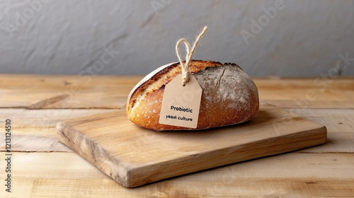 Freshly Baked Bread With Probiotic Yeast Culture on a Wooden Cutting Board in a Rustic Kitchen Setting photo