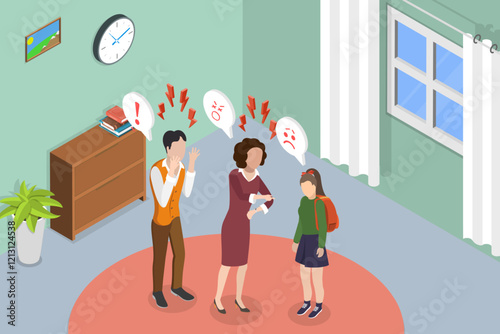 3D Isometric Flat Vector Illustration of Children Misunderstanding with Their Families, Scandal at Home