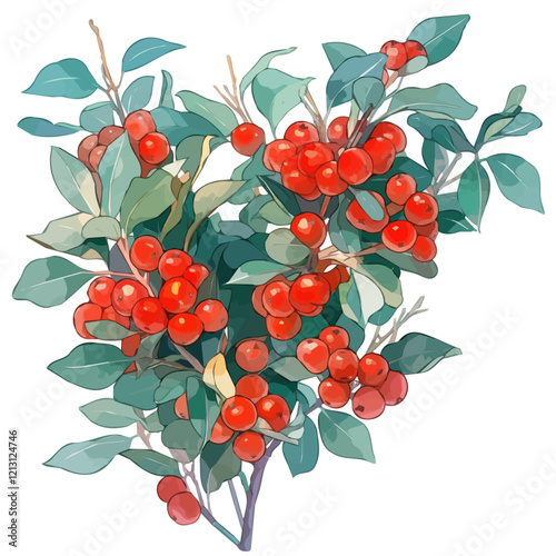 Buffaloberry Bush with Fruit – Detailed Watercolor Vector Illustration, Berry-Laden Bush Design, Nature-Inspired Artwork, Vibrant Buffaloberry Bush with Ripe Fruits Vector.  

