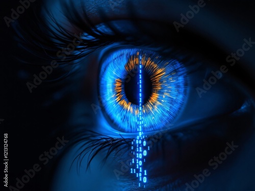 Eye, blue, digital, technology, data, binary, code, glowing, light, dark, close-up, iris, pupil, lashes, reflection, futuristic, sci-fi, cyber, computer, digital age, innovation, vision, sight, inform